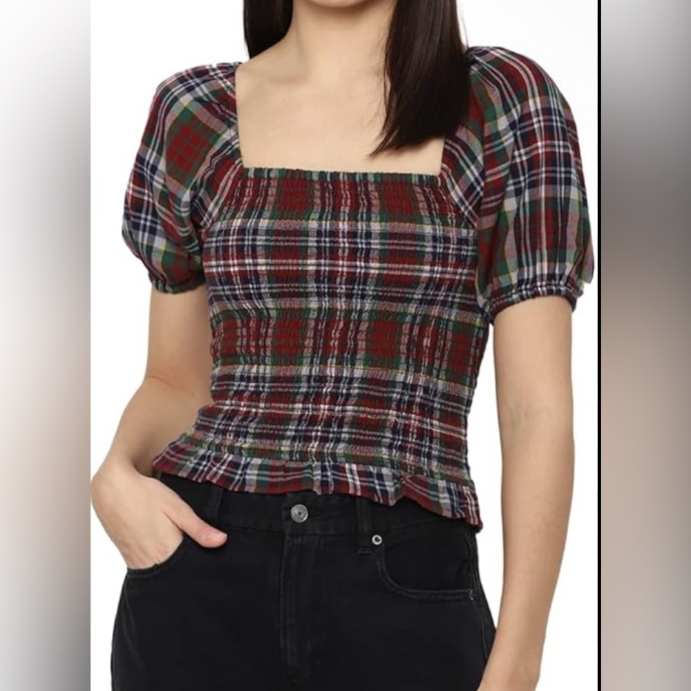 American Eagle Smocked Plaid Puff Sleeve Top